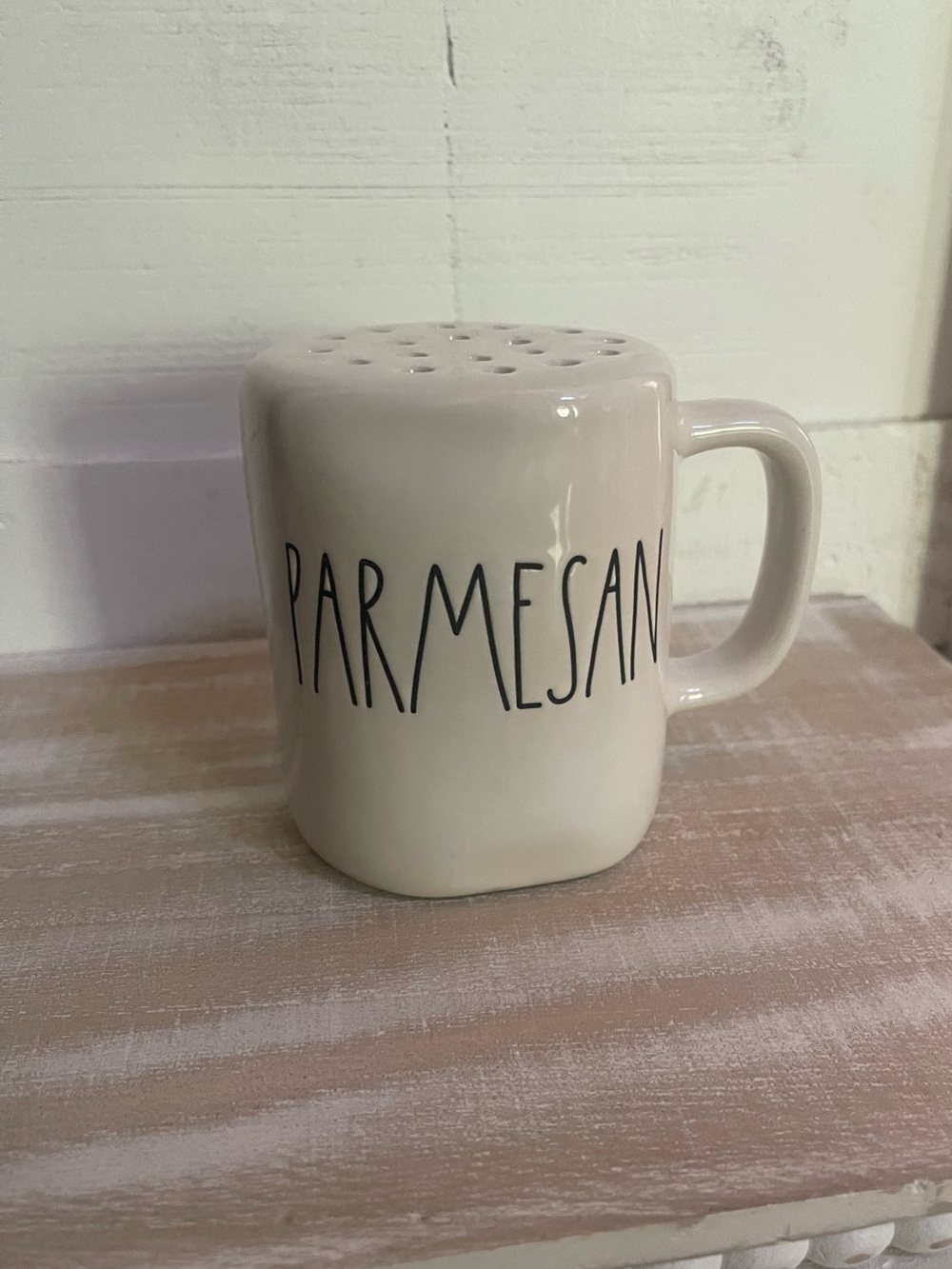 Rae Dunn White Parmesan Ceramic Shaker Cup with Handle